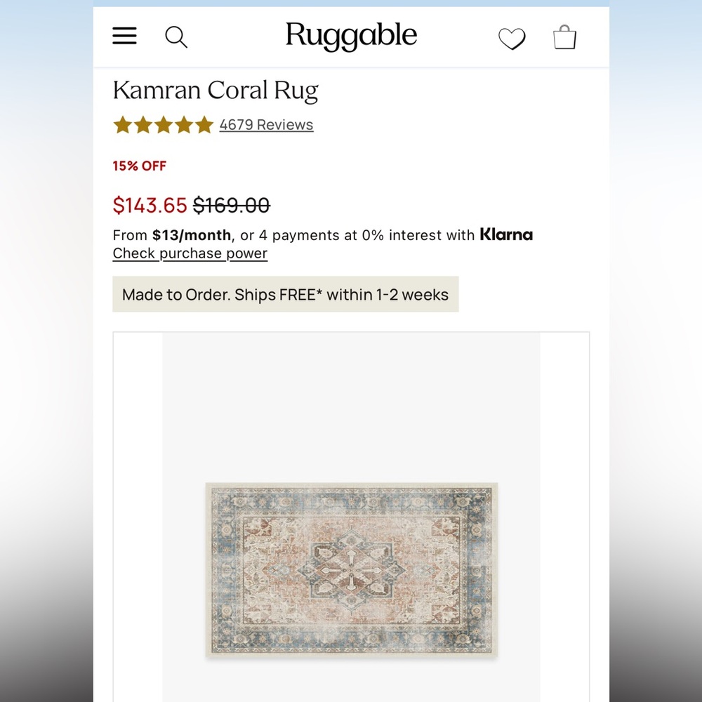 Ruggable Kamran Coral Washable Rug - 3x5 cover only